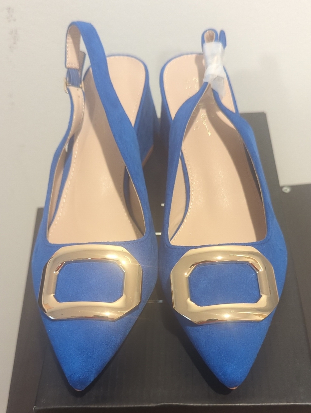 Blue Women's Pointed Slingback with Gold Buckle